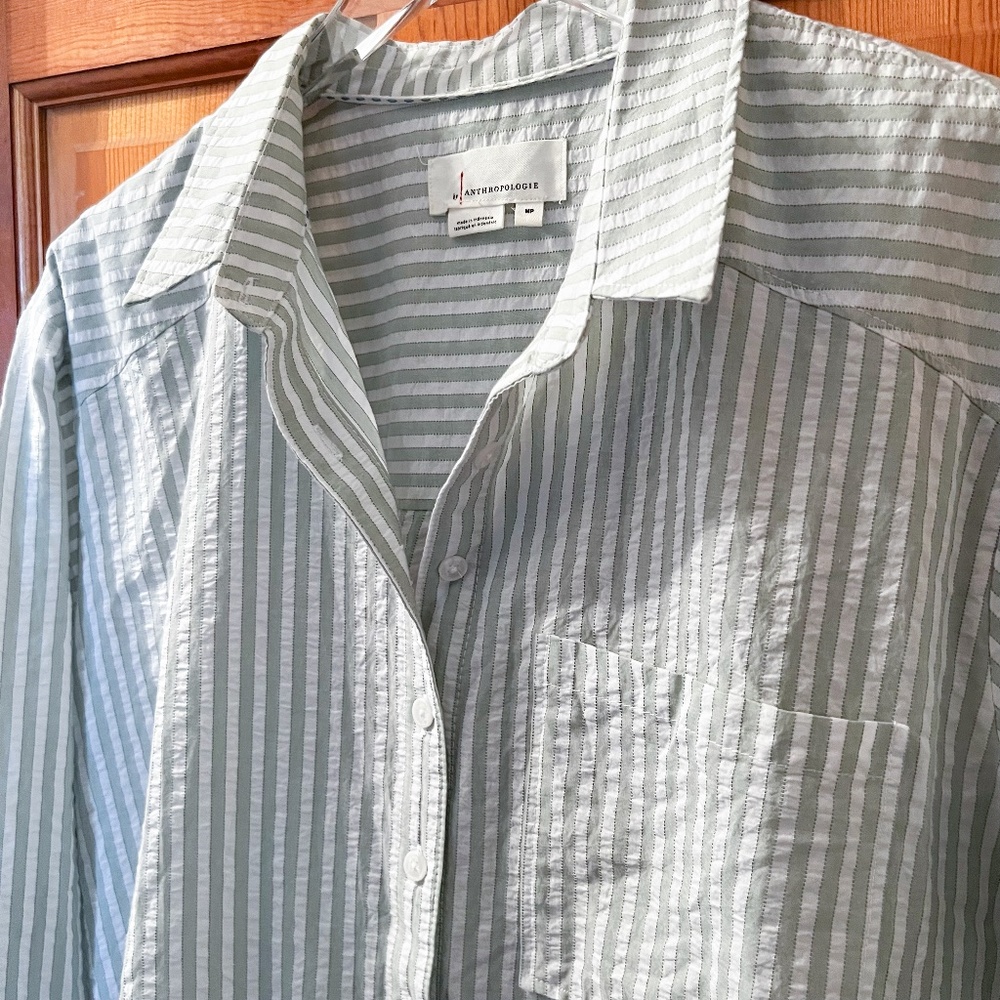 Anthropologie Coastal Grandma Mint & White Striped Button-down Top